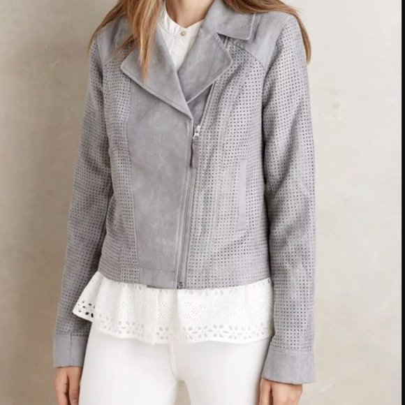 Anthropologie Hei Hei Faux Suede Perforated Moto Jacket Gray Like-New - M - Picture 2 of 14